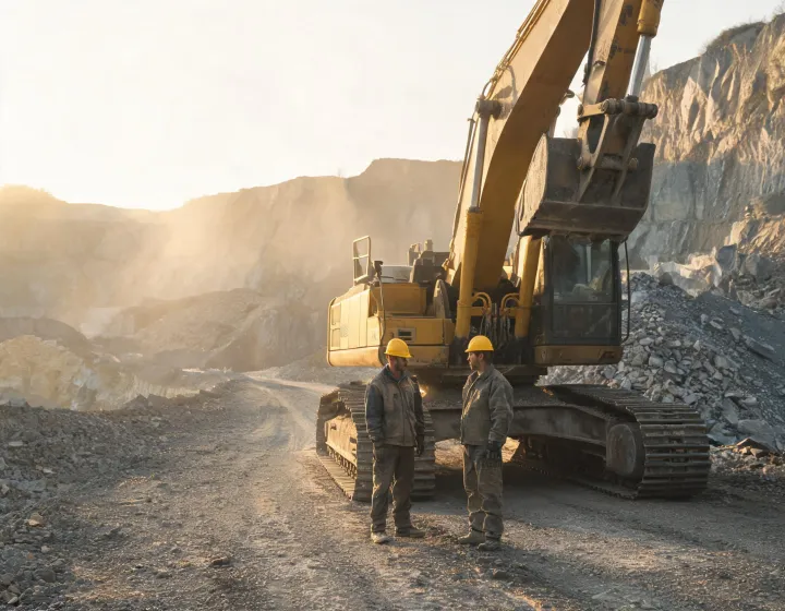 VolvoBuild CE founder with operator beside excavator on quarry haul road