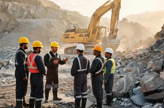 Toolbox talk at quarry with hard hats