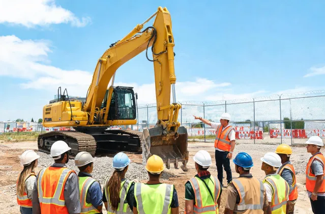 Operator trainees with excavator at outdoor school
