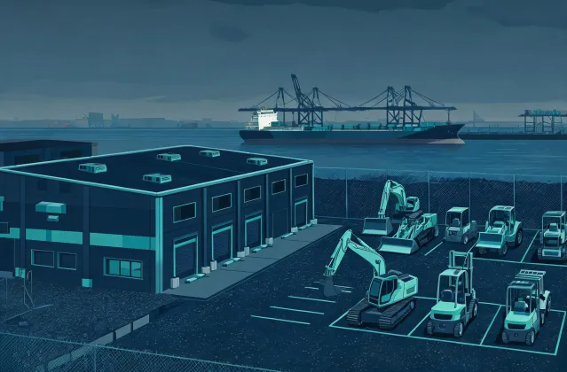 VolvoBuild CE regional parts hub and demo yard map illustration