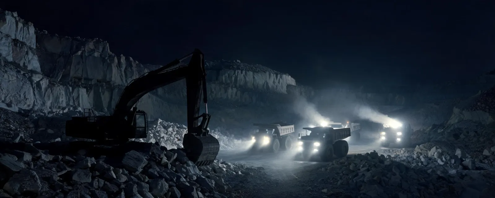 Night quarry with headlamp columns and haul trucks