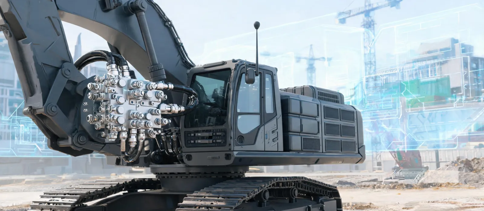 Intelligent hydraulic excavator with IoT antenna on digital worksite